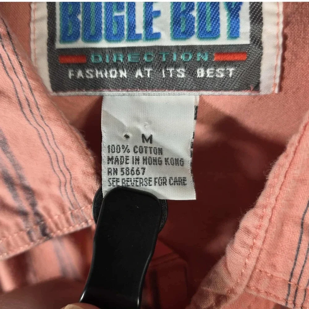 Bugle Boy Button Down Shirt Salmon Striped Vintage 90s - Mens Size Medium